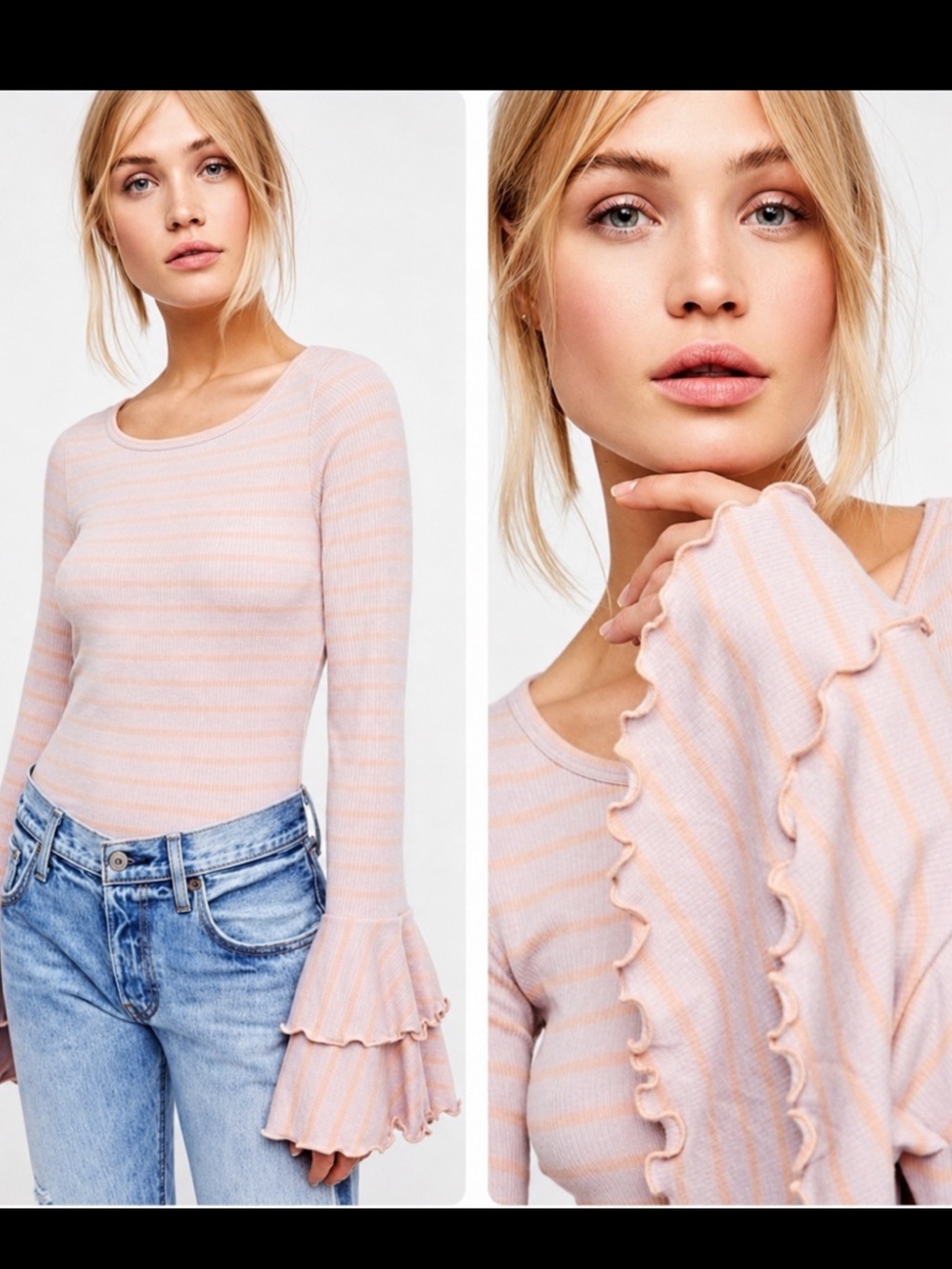 FREE PEOPLE  NWT Striped Long Sleeve “Good Find” Top Flared Bell Cuffs